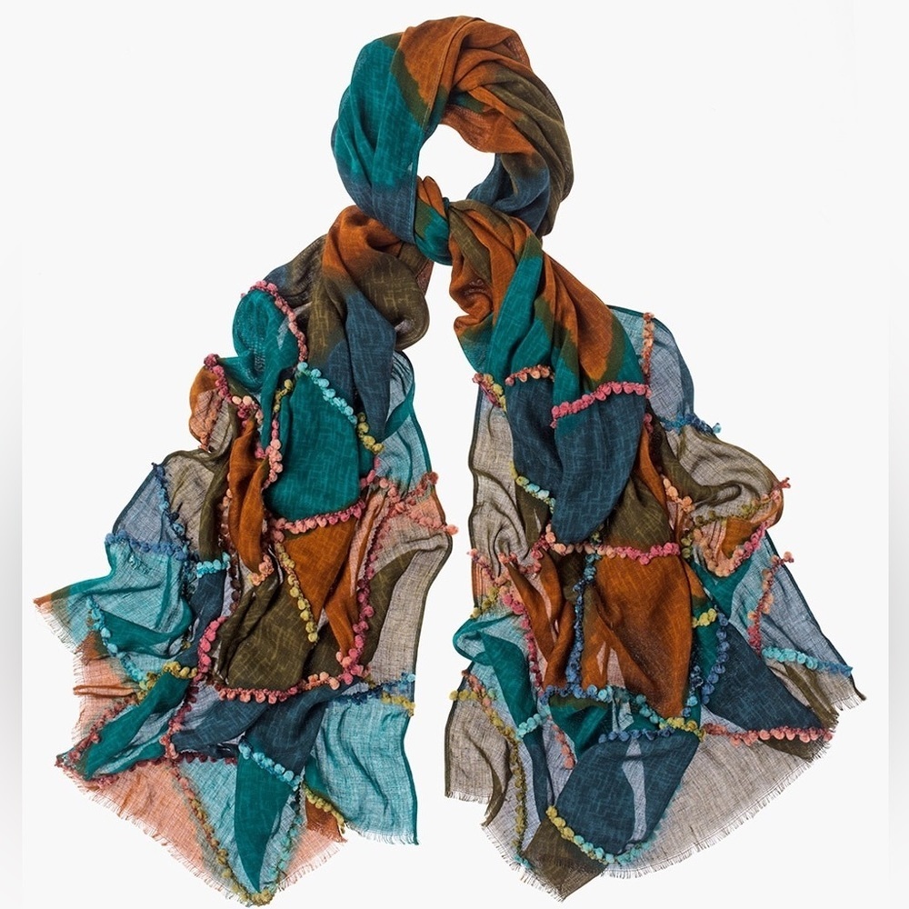 Chico’s Multicolor Diamond Print Patchwork Pom Pom Rectangular Scarf‎